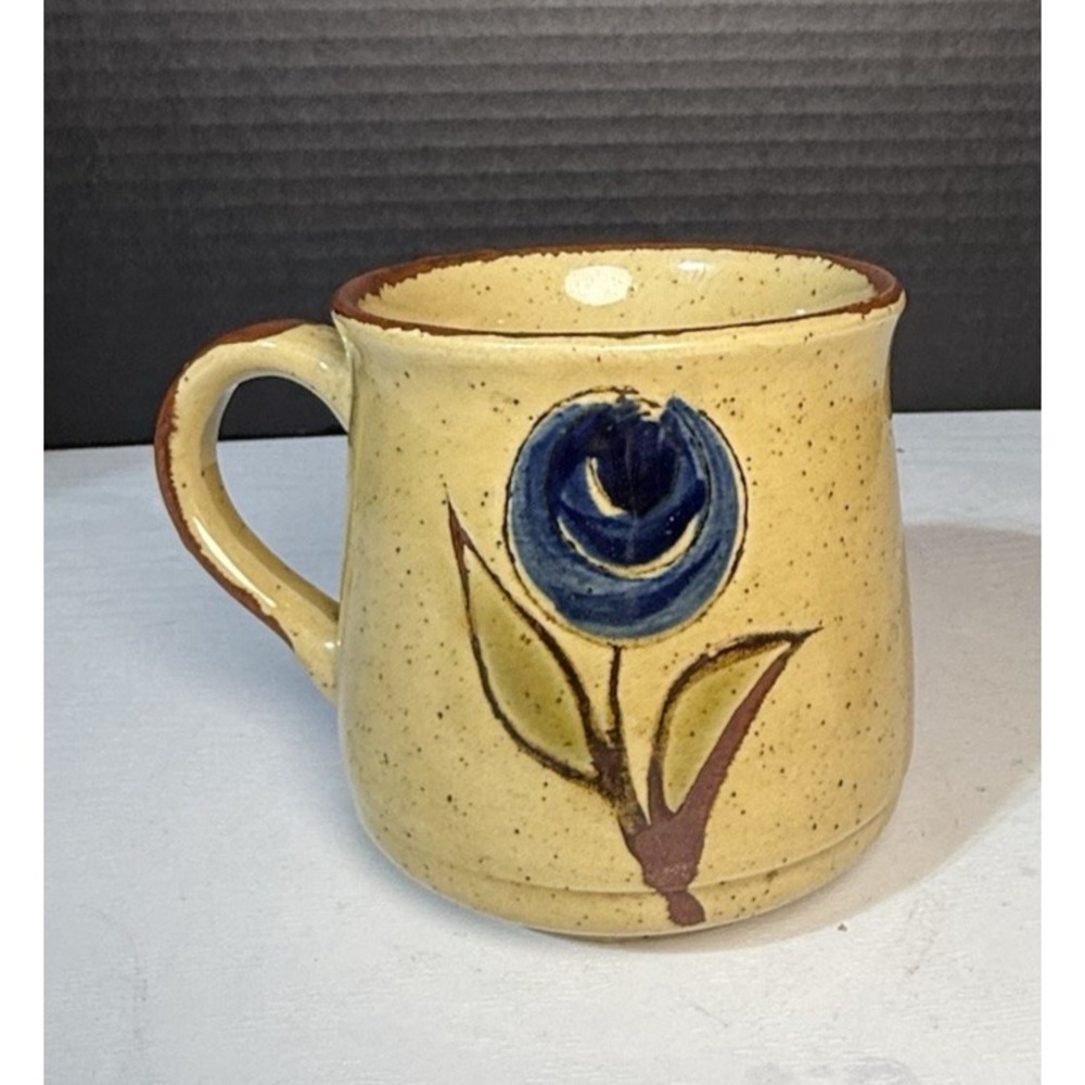 VTG 1970's Otagiri Speckled Stoneware Coffee Mug With A Blue Floral Design